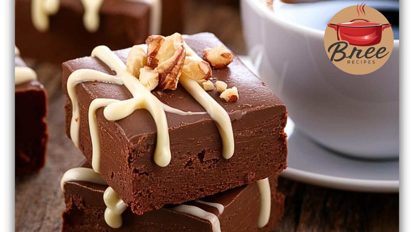 Close-up of rich, creamy chocolate fudge squares on a wooden board, perfect homemade dessert