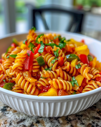 Ingredients for making Rasta Pasta sauce, including vibrant vegetables and spices