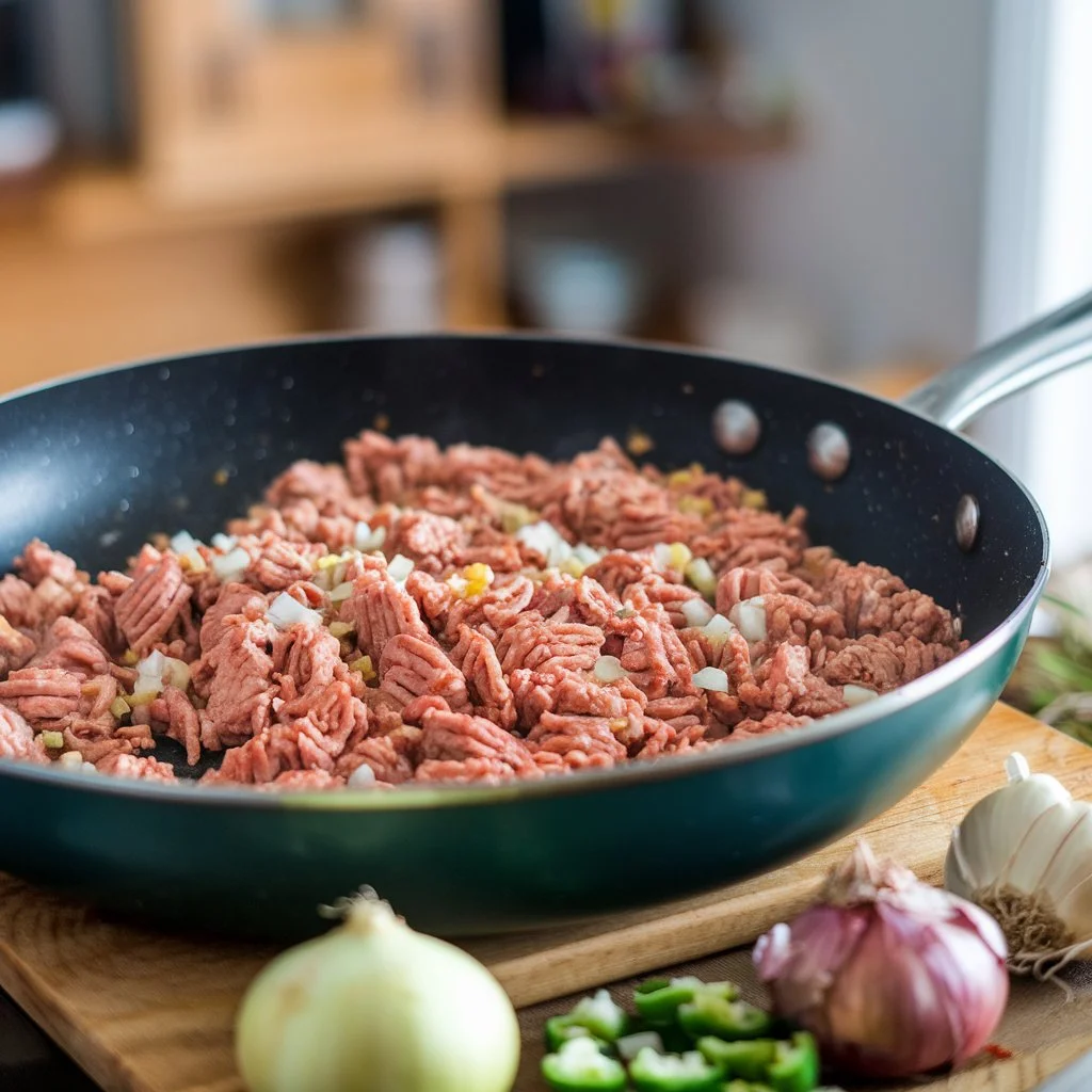 Ground chicken in a skillet being cooked for a healthy, versatile meal.