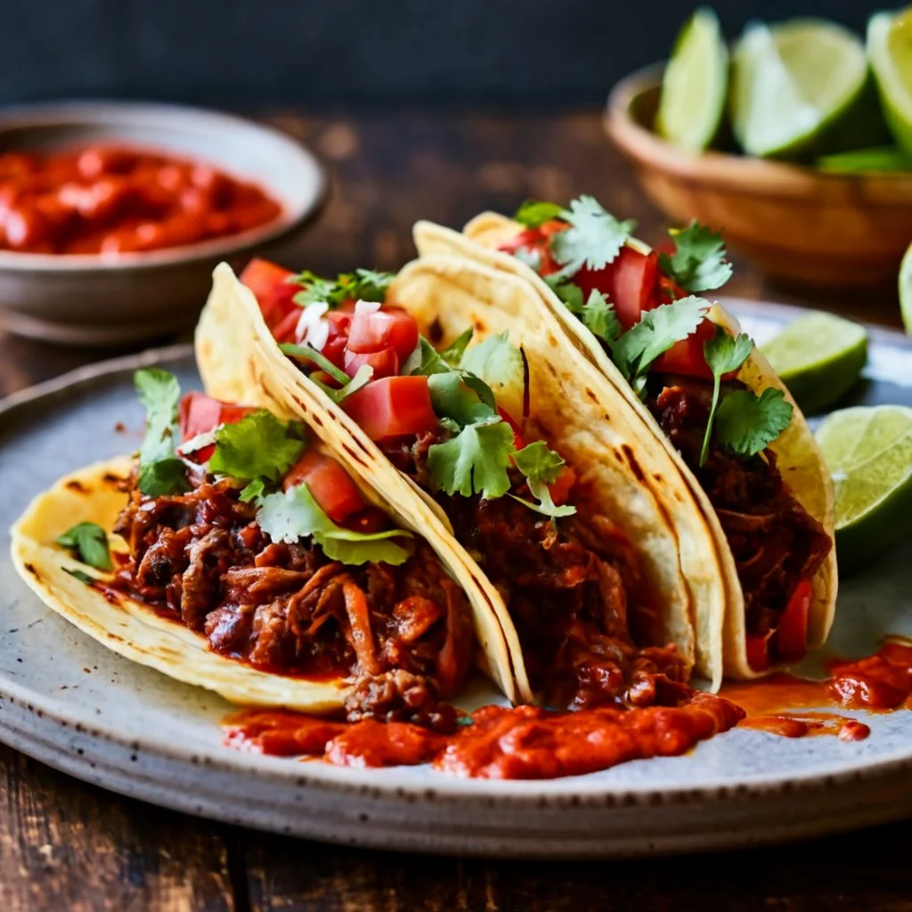 What is the sauce made of for birria tacos - chilies, tomatoes, and spices in a bowl.