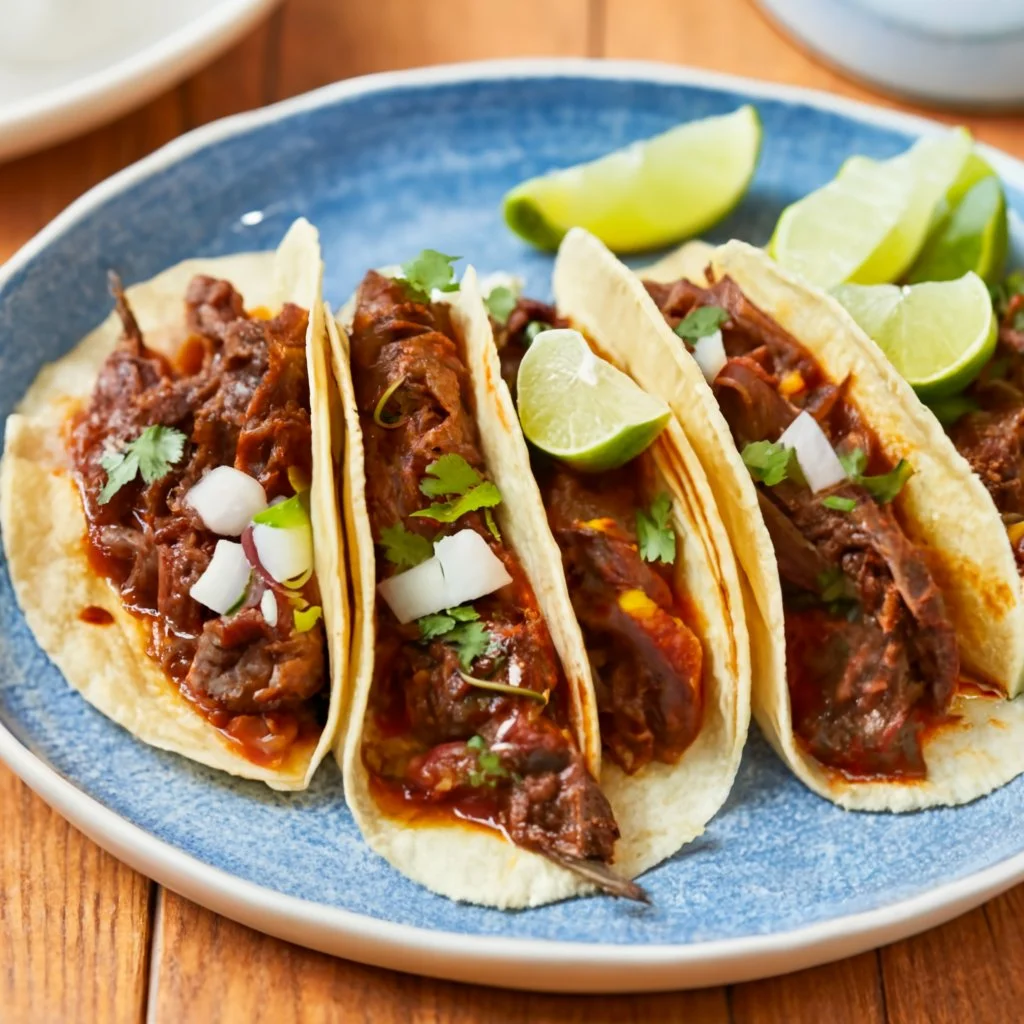 Crispy Birria Tacos Recipe with shredded beef, cilantro, and lime.