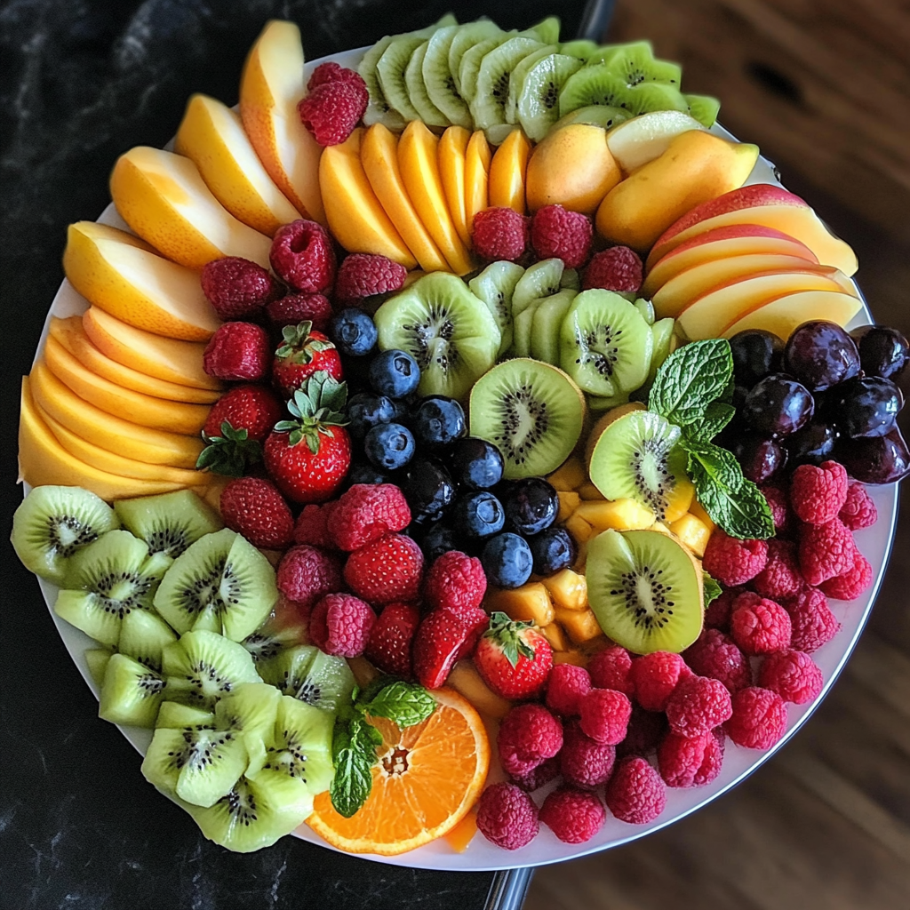 Colorful fruit platter with strawberries, grapes, watermelon, and mint leaves.