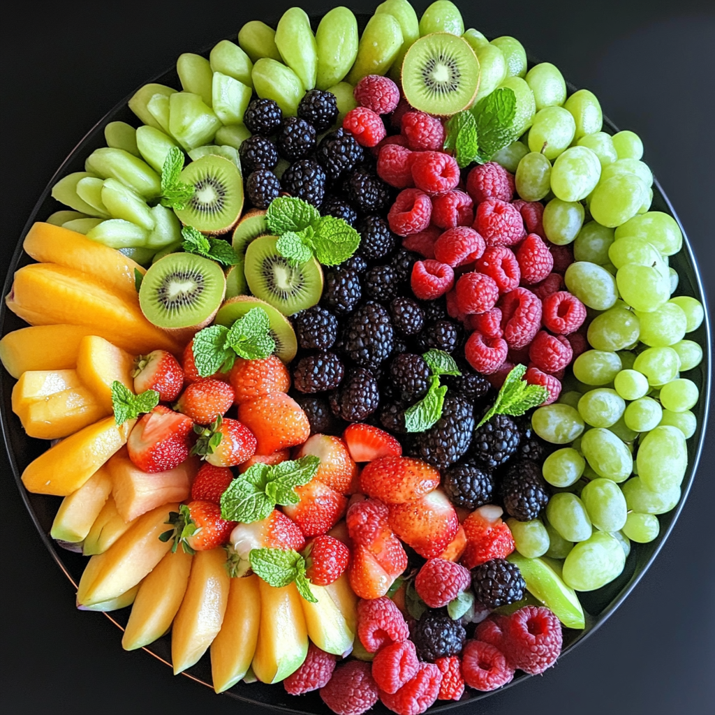 Vibrant, colorful fruit platter arranged with fresh fruits including berries, melons, and tropical fruits.