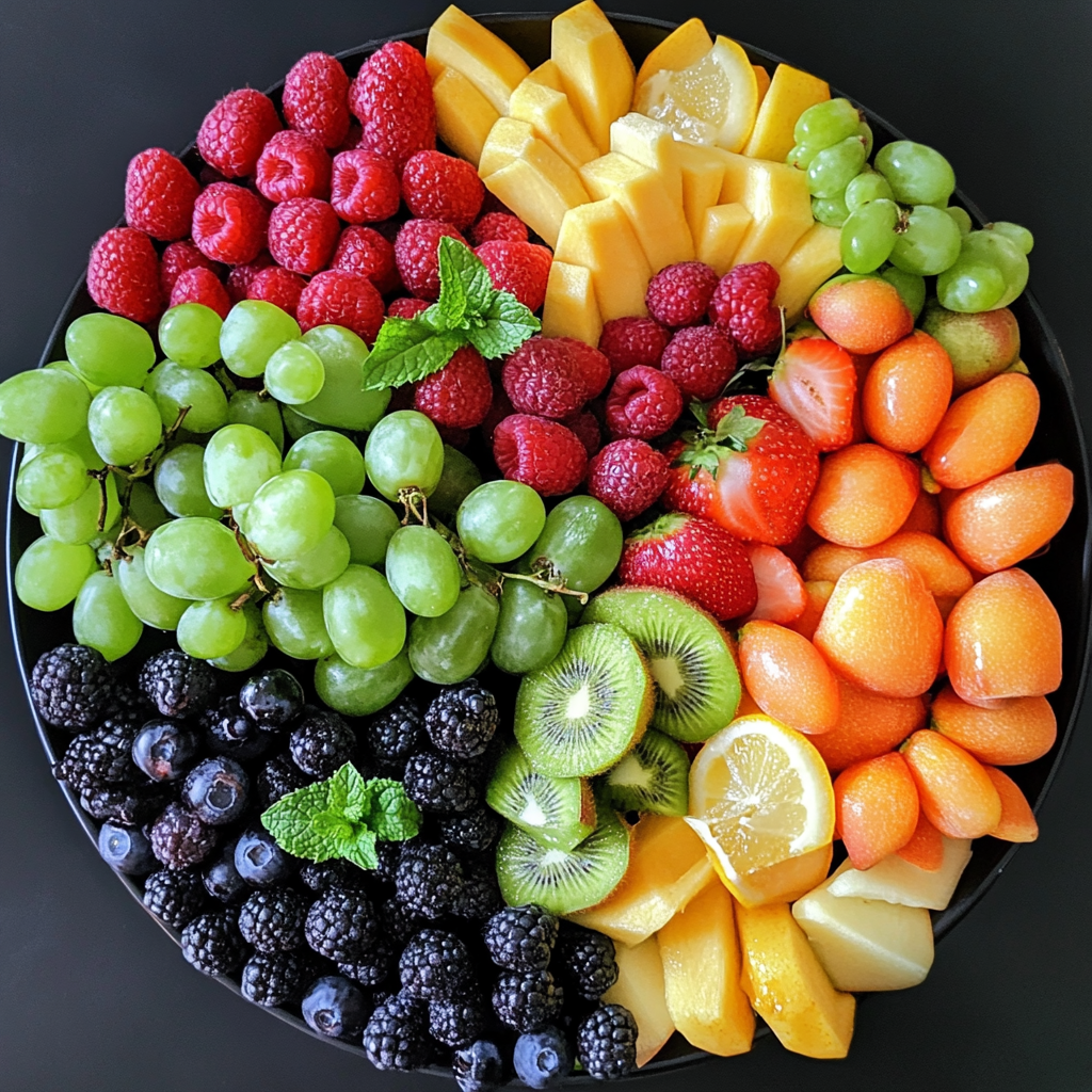 Fresh fruit platter with vibrant fruits arranged neatly, maintaining freshness.