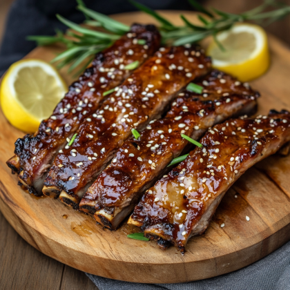 A close-up image of juicy, glazed teriyaki ribs on a wooden cutting board, garnished with sesame seeds and green onions. The ribs have a glossy finish from the teriyaki sauce, and there's a small bowl of extra sauce on the side for dipping. The background shows a rustic kitchen setting to enhance the homemade feel of the dish.