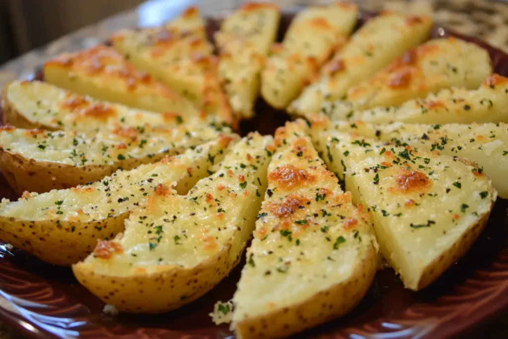 Baked Garlic Parmesan Potato Wedges on a platter