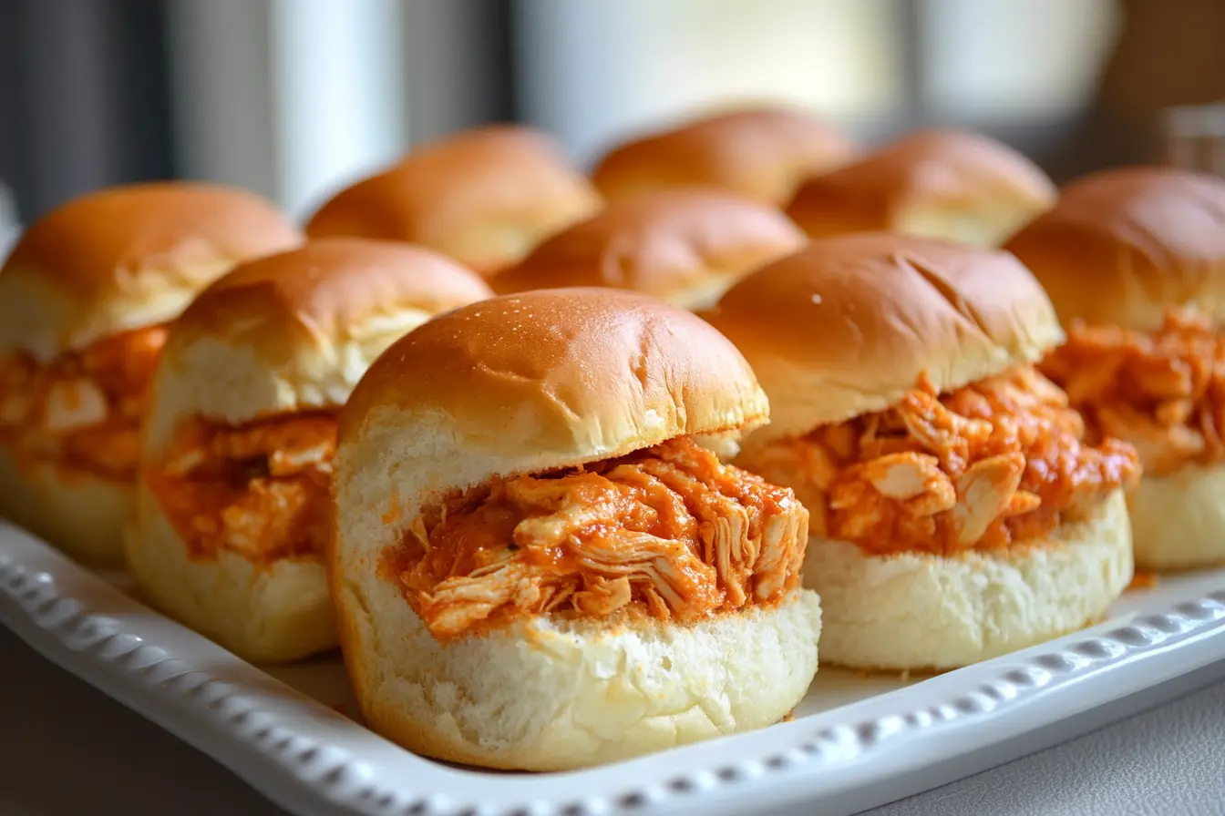 Buffalo Chicken Sliders served with a fresh salad on a rustic wooden plate