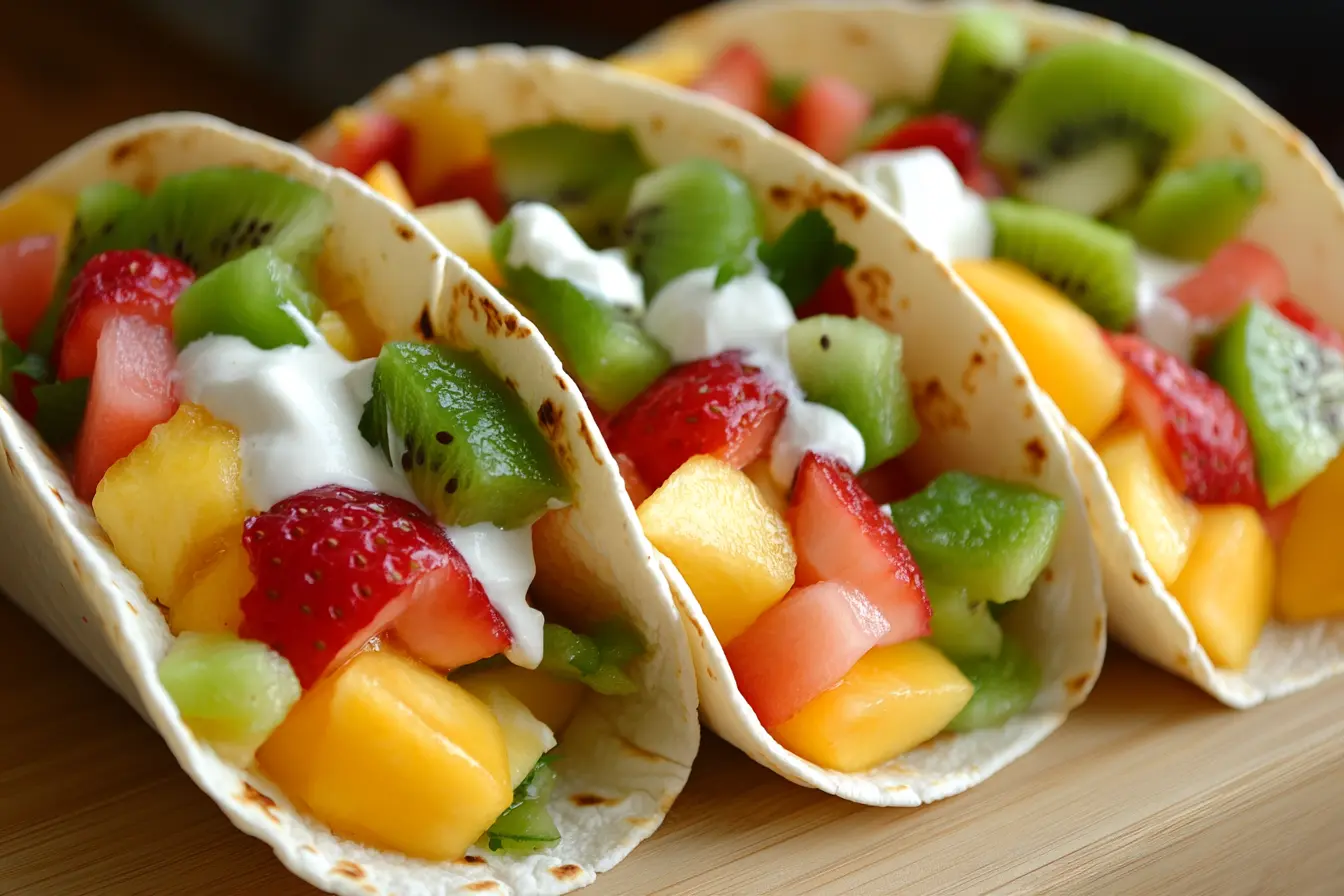 Colorful fruit tacos with mixed berries, kiwi, and a drizzle of yogurt on soft tortillas