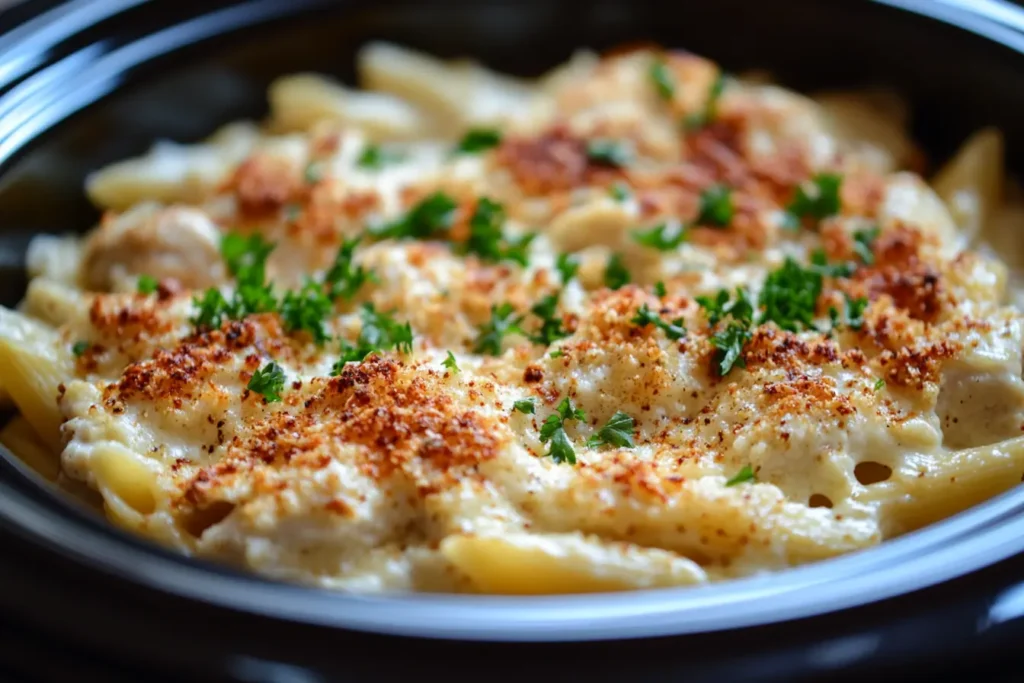 Delicious Crockpot Garlic Parmesan Chicken Pasta in a bowl, topped with fresh parsley and parmesan cheese.