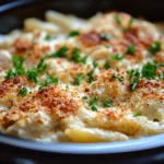 Delicious Crockpot Garlic Parmesan Chicken Pasta in a bowl, topped with fresh parsley and parmesan cheese.