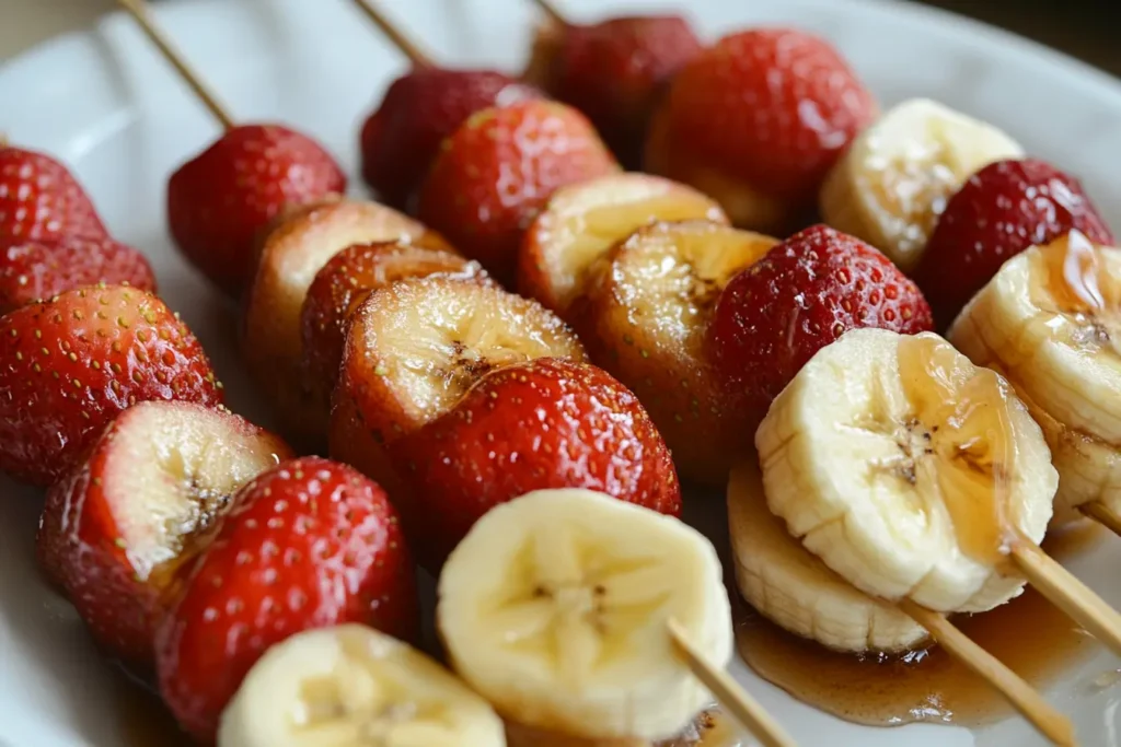 Strawberry Banana Pancake Skewers on a serving plate with maple syrup